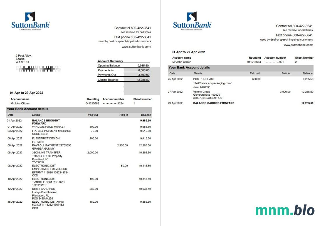 USA Suntrust wyciąg z konta bankowego Word i szablon PDF, 2 strony scr